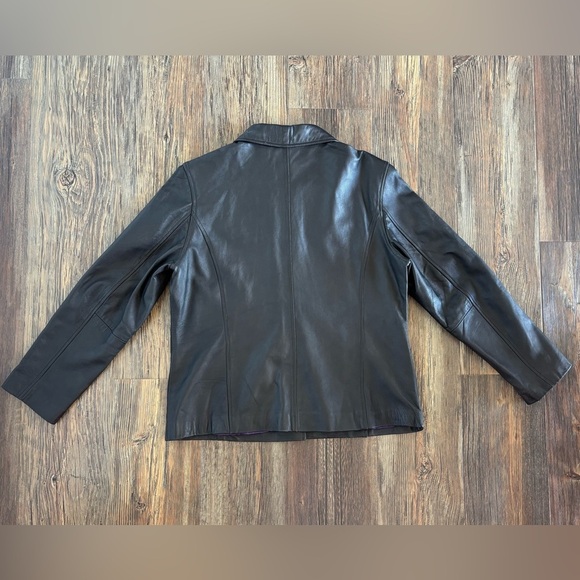 J.G. Hook Black Leather Jacket Womens Lg Button Front Purple Lined Classic Chic - Picture 2 of 15